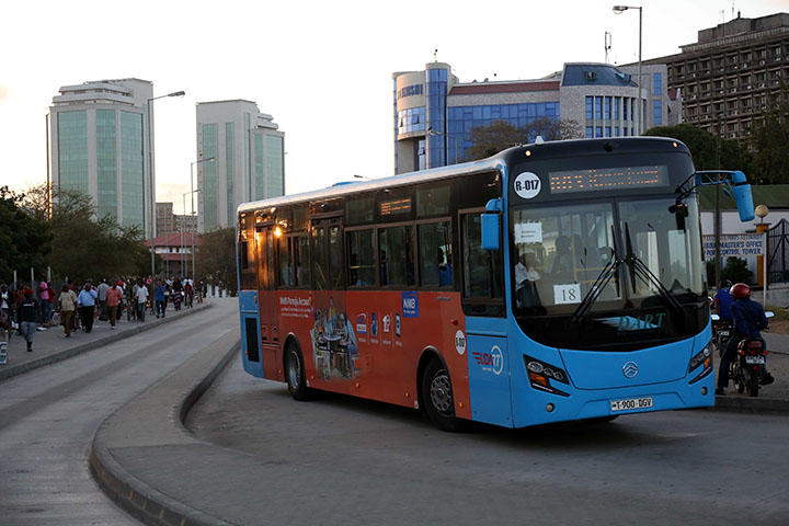 A bus on a central street in the Tanzanian city Dar es Salaam in August 2016. Authorities in Tanzania issued a directive that went into effect yesterday ordering unregistered websites to comply with the country's Electronic and Postal Communications (Online Content) Regulations or cease publication, according to reports. (AFP/Said Khalfan)