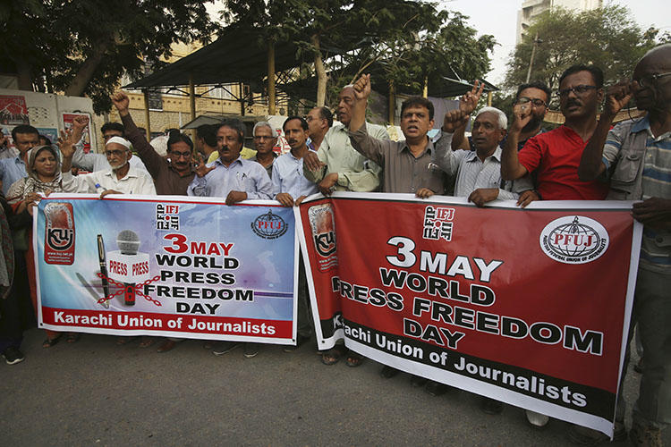 Pakistani journalists rally on Press Freedom Day in Karachi, Pakistan, on May 3, 2018. Two journalists were attacked June 5 in the city of Lahore. (AP Photo/Fareed Khan)