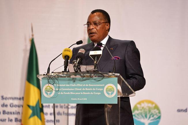 Republic of Congo President Denis Sassou Nguesso speaks on April 29, 2018, in Brazzaville. Editor Ghys Fortuné Dombé Bemba was released July 3, 2018, after nearly 18 months in prison without charge in Brazzaville. (AFP/Laudes Martial Mbon)