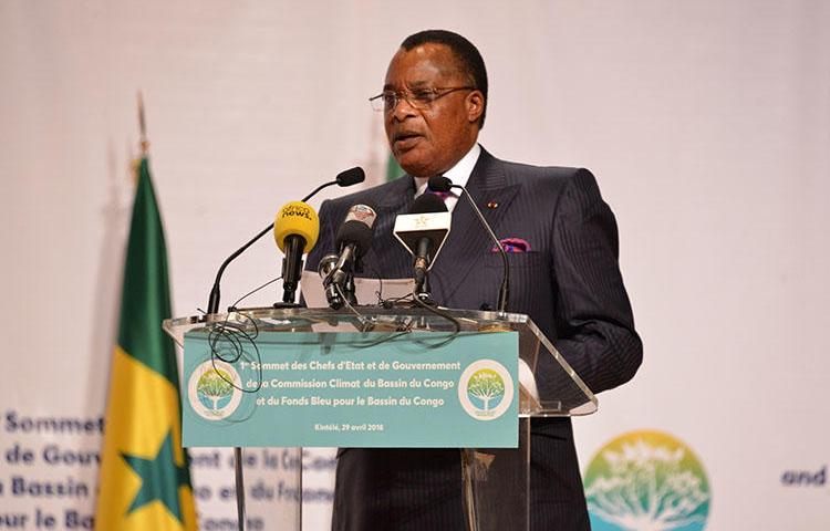 Republic of Congo President Denis Sassou Nguesso speaks on April 29, 2018, in Brazzaville. Editor Ghys Fortuné Dombé Bemba was released July 3, 2018, after nearly 18 months in prison without charge in Brazzaville. (AFP/Laudes Martial Mbon)