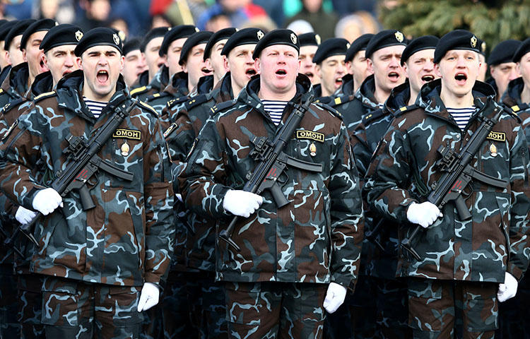 Police on parade as to mark the 100th anniversary of the Belarusian Police in Minsk, Belarus on March 4, 2017. (Reuters/Vasily Fedosenko)