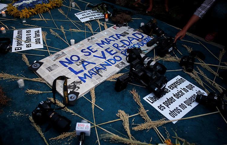 A memorial for slain journalist Angel Eduardo Gahona in Managua, Nicaragua, on April 26, 2018. Two men were convicted in Gahona's killing on August 27, in a trial that was criticized as unfair. (Reuters/Oswaldo Rivas)