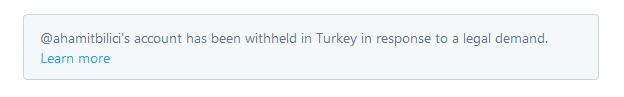 A screenshot of how a "withheld" tweet would appear on the feed of Twitter users in Turkey (Twitter)