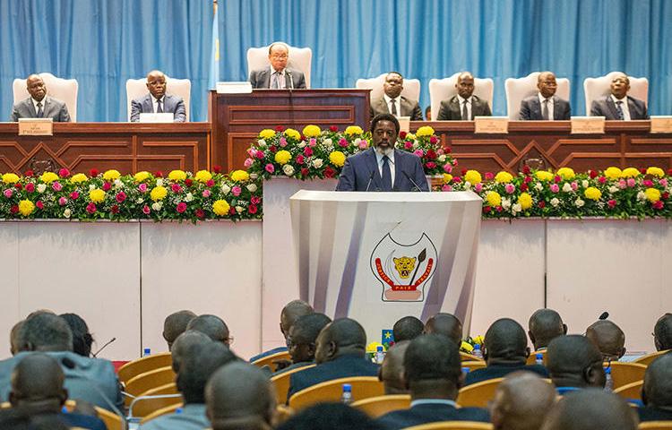 Democratic Republic of Congo President Joseph Kabila delivers a state of the nation speech in Kinshasa on July 19, 2018. Authorities in the DRC jailed a journalist for criminal defamation on September 6. (AFP/Junior D. Kannah)