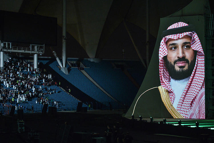 A portrait of Saudi Crown Prince Mohammed bin Salman during National Day celebrations in September 2018. The climate for press freedom has become more repressive under his rule. (AFP/Fayez Nureldine)