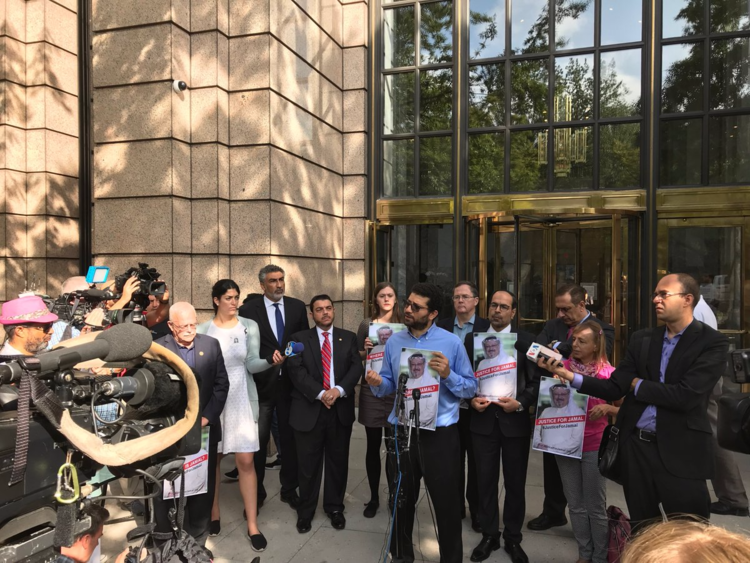 CPJ Middle East and North Africa Program Coordinator Sherif Mansour speaks at a vigil and press conference for Jamal Khashoggi at The Washington Post in Washington, D.C. (CPJ/Michael DeDora)