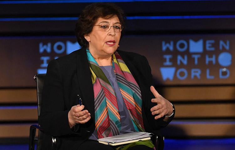 Yevgenia Albats, editor-in-chief of The New Times, speaks at the Women of the World Summit in New York City in April 2018. A Russian court has ordered her news outlet to pay a fine of 22.3 million rubles. (AFP/Angela Weiss)