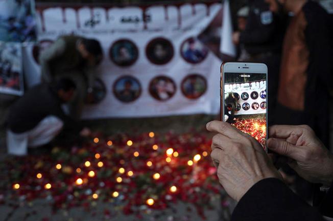 A tribute to victims of an April 2018 suicide attack in Afghanistan’s capital Kabul, that killed at least nine journalists. (AP/Rahmat Gul)