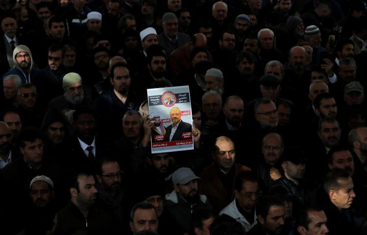 People attend a symbolic funeral prayer for slain Saudi journalist Jamal Khashoggi in Istanbul, Turkey, on November 16, 2018. (Huseyin Aldemir/Reuters)