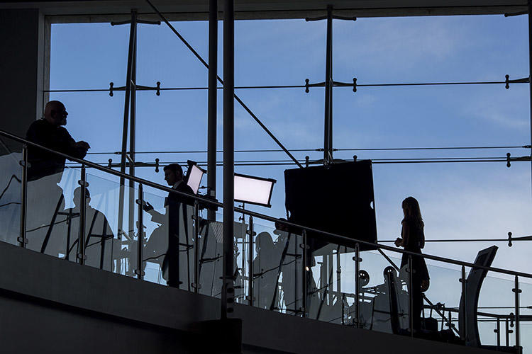 News crews set up inside in the Air Force One Pavilion in 2016 to report of the passing of former First Lady Nancy Reagan. Female journalists working for local broadcasters across the U.S. have spoken of the threats and unwanted attention they have to deal with. (Getty Images/AFP/David McNew)