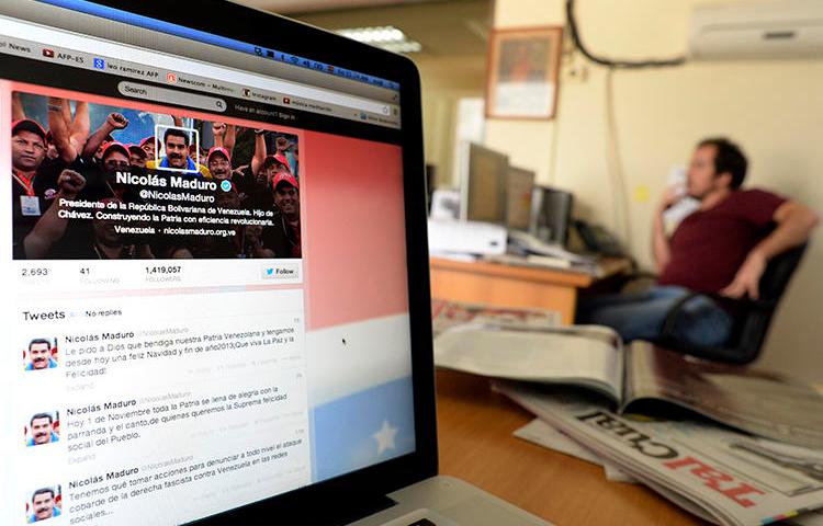 View of a computer screen showing the Twitter account of Venezuelan President Nicolas Maduro, in Caracas. A proposed law in Venezuela would expand the powers of the government to control and monitor internet use without institutional checks. (Juan Barreto/AFP)