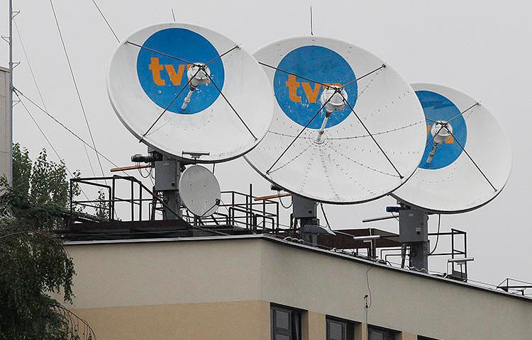 The TVN headquarters in Warsaw, pictured in September 2017. Poland's Internal Security Agency raided the home of one of the broadcaster's reporters over his undercover reporting. (AP/Czarek Sokolowski)