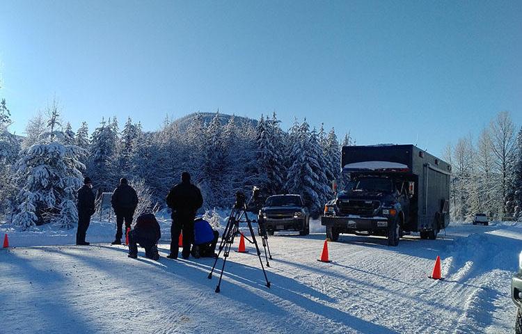 An exclusion zone set up by the Royal Canadian Mounted Police. Journalists were blocked from covering the police response to a pipeline protest in British Columbia. (APTN/Kathleen Martens)