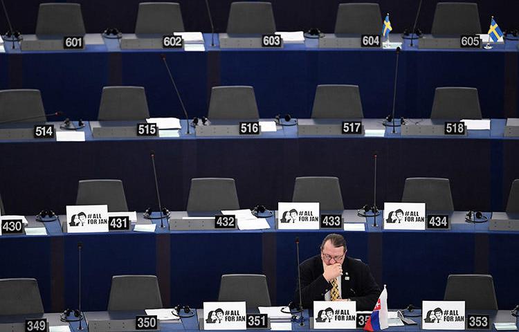 The European Parliament prepares for a debate on press freedom in Strasbourg in March, following the murder of Slovak investigative journalist Ján Kuciak. The Council of Europe's platform on journalist safety finds the media increasingly faces hostility. (AFP/Frederick Florin)