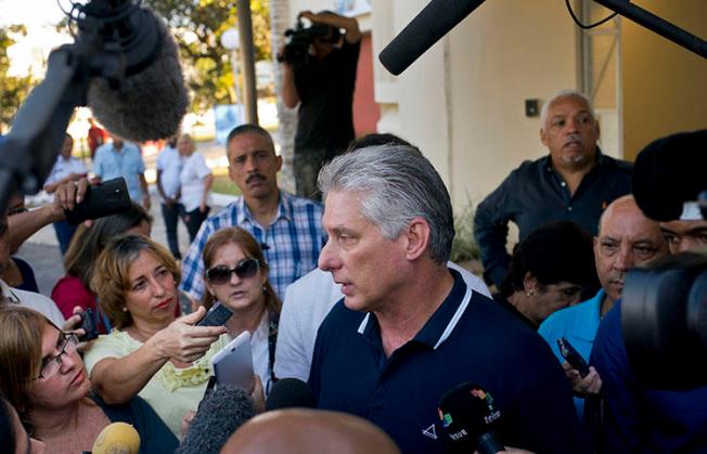 President Miguel Díaz-Canel talks to the press in Havana on February 24 after voting in a referendum on a new constitution in Havana. Several critical news sites were blocked in Cuba on the date of the vote. (AP/Ramon Espinosa)