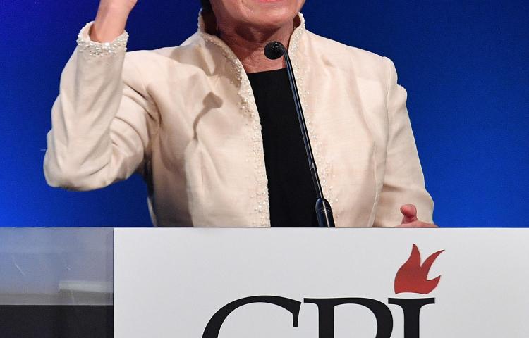 Maria Ressa--founder, CEO, and executive editor of the Rappler news website--giving her acceptance speech at CPJ's 2018 International Press Freedom Awards on November 20, 2018. (Getty Images/Dia Dipasupil)