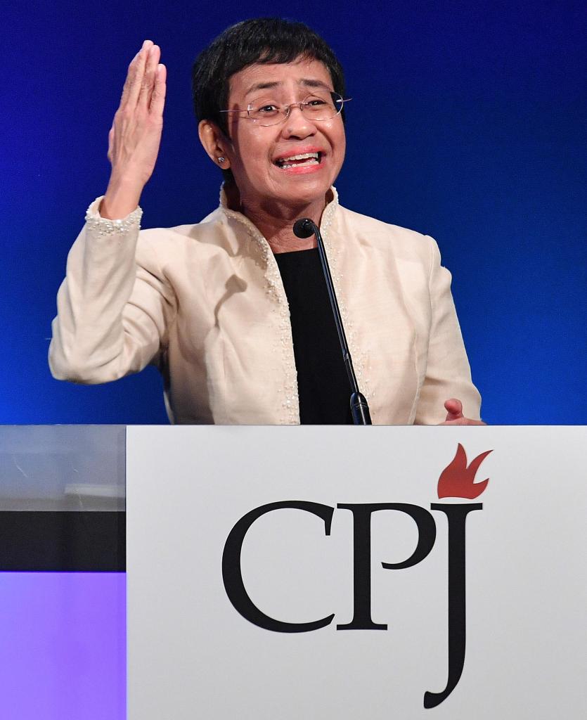 Maria Ressa--founder, CEO, and executive editor of the Rappler news website--giving her acceptance speech at CPJ's 2018 International Press Freedom Awards on November 20, 2018. (Getty Images/Dia Dipasupil)