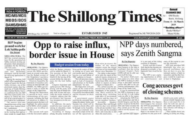 A screenshot of The Shillong Times. The Meghalaya state High Court fined the paper's publisher and editor over an opinion piece published in December. (CPJ)