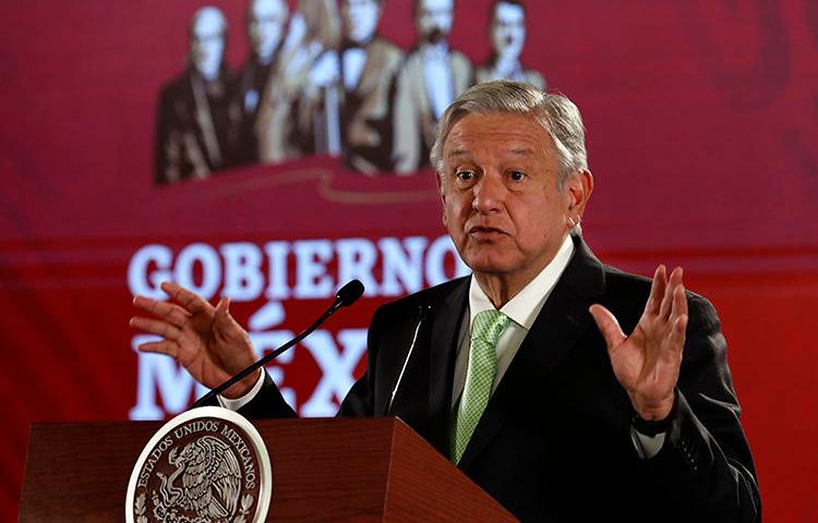 Mexican President Andrés Manuel López Obrador speaks at his daily press briefing at the National Palace in Mexico City on April 12, 2019. During a press briefing on April 23, he criticized a local newspaper, whose editor has since received death threats. (AP/Marco Ugarte)