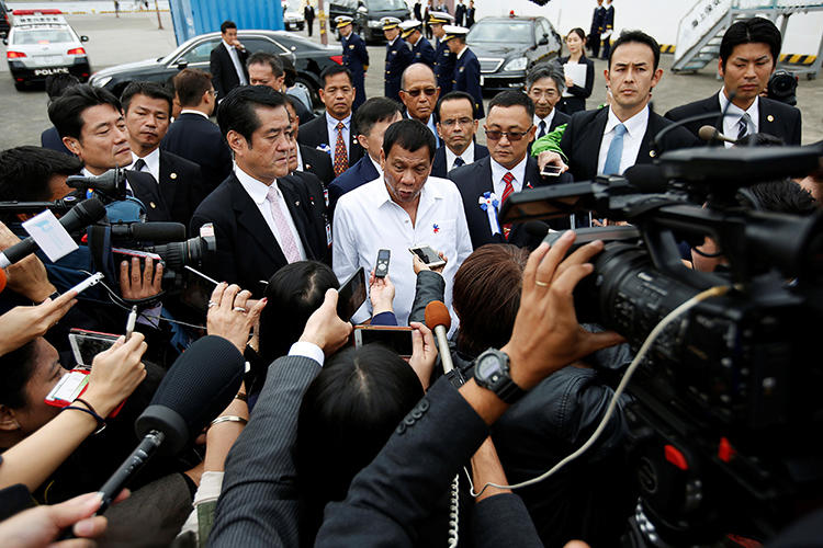 Philippine President Rodrigo Duterte speaks to media on October 27, 2016. The president recently provided information to a Philippine daily alleging media and human rights organizations were plotting a coup against him. (Reuters/Issei Kato)