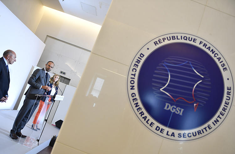 The logo of the General Directorate for Internal Security, France's domestic intelligence agency, is seen at its headquarters in Levallois-Perret on July 13, 2018. The agency has recently summoned reporters for questioning in a leak investigation. (AFP/Gerard Julien)