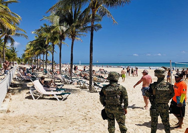 Mexican marines patrol the beach of Playacar, near the resort of Playa del Carmen, in Quintana Roo, in February 2019. Journalist Francisco Romero Díaz was shot dead in Playa del Carmen on May 16. (AFP/Daniel Slim)