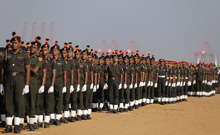 Army officers are seen in Colombo, Sri Lanka, on January 31, 2019. The Sri Lankan army recently reinstated an officer suspected in multiple attacks against journalists. (AP/Eranga Jayawardena)