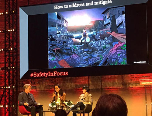 CPJ Emergencies Director María Salazar-Ferro speaks on stage at the World Press Photo Festival in Amsterdam on April 12. (Frontline Freelancers Register/Andalusia Knoll)
