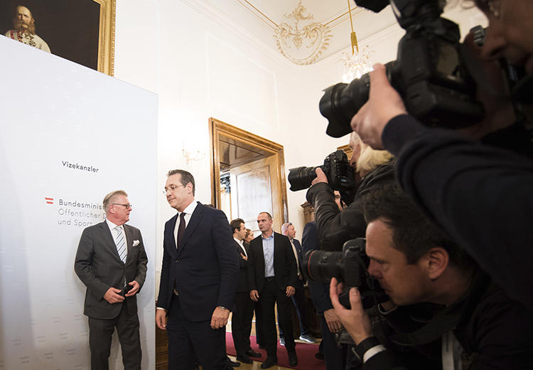 Former Austrian Vice Chancellor Heinz-Christian Strache is seen in Vienna, Austria, on May 18, 2019. Strache recently filed a criminal complaint against "all persons" involved in the dissemination of a video that led to his resignation. (AP/Michael Gruber)