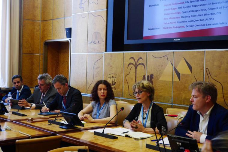 A UN Human Rights Council side event on slain Saudi journalist Jamal Khashoggi in Geneva, Switzerland, on June 27, 2019. Panelists from left to right: Yahya Assiri, director of the U.K.-based Saudi human rights organization Al-Qst; CPJ Deputy Executive Director Robert Mahoney; David Kaye, the UN special rapporteur on the promotion and protection of the right to freedom of opinion and expression; Barbora Bukovská, Article 19's senior director for law and policy; Agnes Callamard, the UN special rapporteur on extrajudicial, summary or arbitrary executions; and Dutch MP Pieter Omtzigt who is also the Parliamentary Assembly of the Council of Europe's special rapporteur tasked with looking into the murder of Maltese journalist Daphne Caruana Galizia. (Right Livelihood Award)