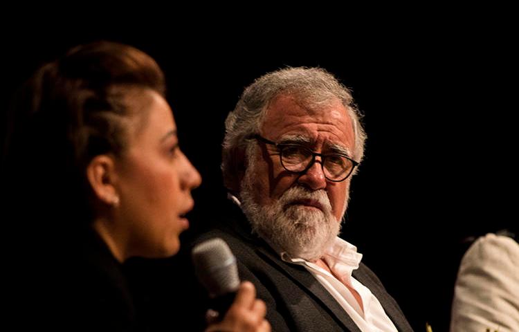 Patricia Espinosa, the sister of Rubén Espinosa, a photographer murdered in 2015, and Alejandro Encinas, undersecretary for human rights, population, and migration, speak at CPJ's press freedom summit. (Ian Garciafigueroa)