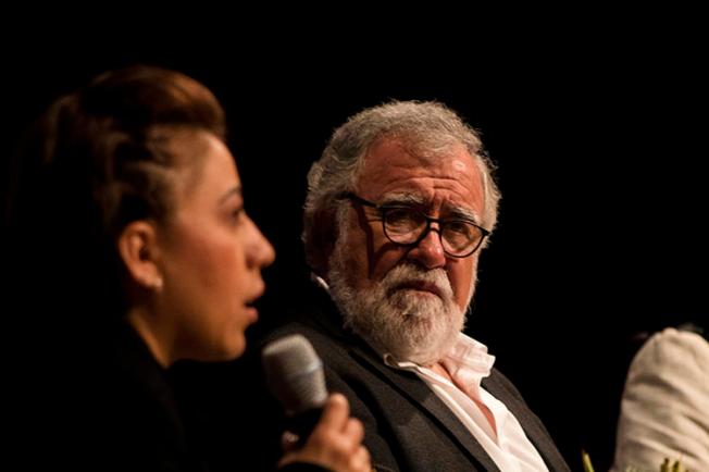 Patricia Espinosa, the sister of Rubén Espinosa, a photographer murdered in 2015, and Alejandro Encinas, undersecretary for human rights, population, and migration, speak at CPJ's press freedom summit. (Ian Garciafigueroa)