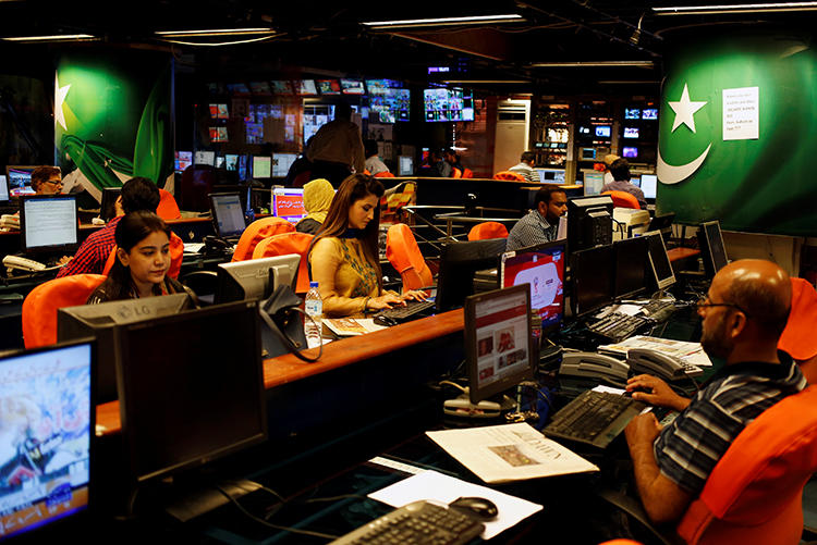 The offices of Geo News are seen in Karachi, Pakistan, on April 11, 2018. The network was recently blocked in many parts of the country. (Reuters/Akhtar Soomro)