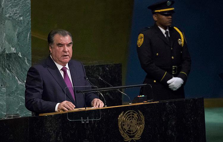 President of Tajikistan Emomali Rahmon speaks during the United Nations General Assembly at U.N. headquarters, on September 19, 2017. The independent Tajik news agency Asia Plus has been offline since August 19, 2019. (AP Photo/Mary Altaffer)