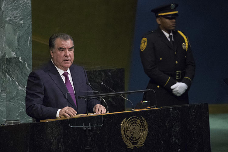 President of Tajikistan Emomali Rahmon speaks during the United Nations General Assembly at U.N. headquarters, on September 19, 2017. The independent Tajik news agency Asia Plus has been offline since August 19, 2019. (AP Photo/Mary Altaffer)