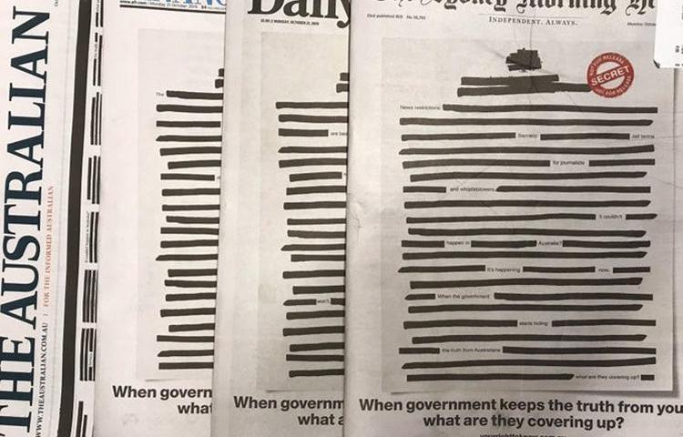 Tens of Australian newspapers blacked out their front pages on Monday, October 21, 2019, to protest against secrecy laws. (Andy Park/Australian Broadcasting Corporation)