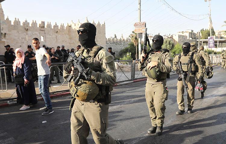 Israeli police are seen in Jerusalem's Old City on May 31, 2019. Israeli police recently raided the offices of Palestine TV and a local production company in Jerusalem. (AP/Mahmoud Illean)