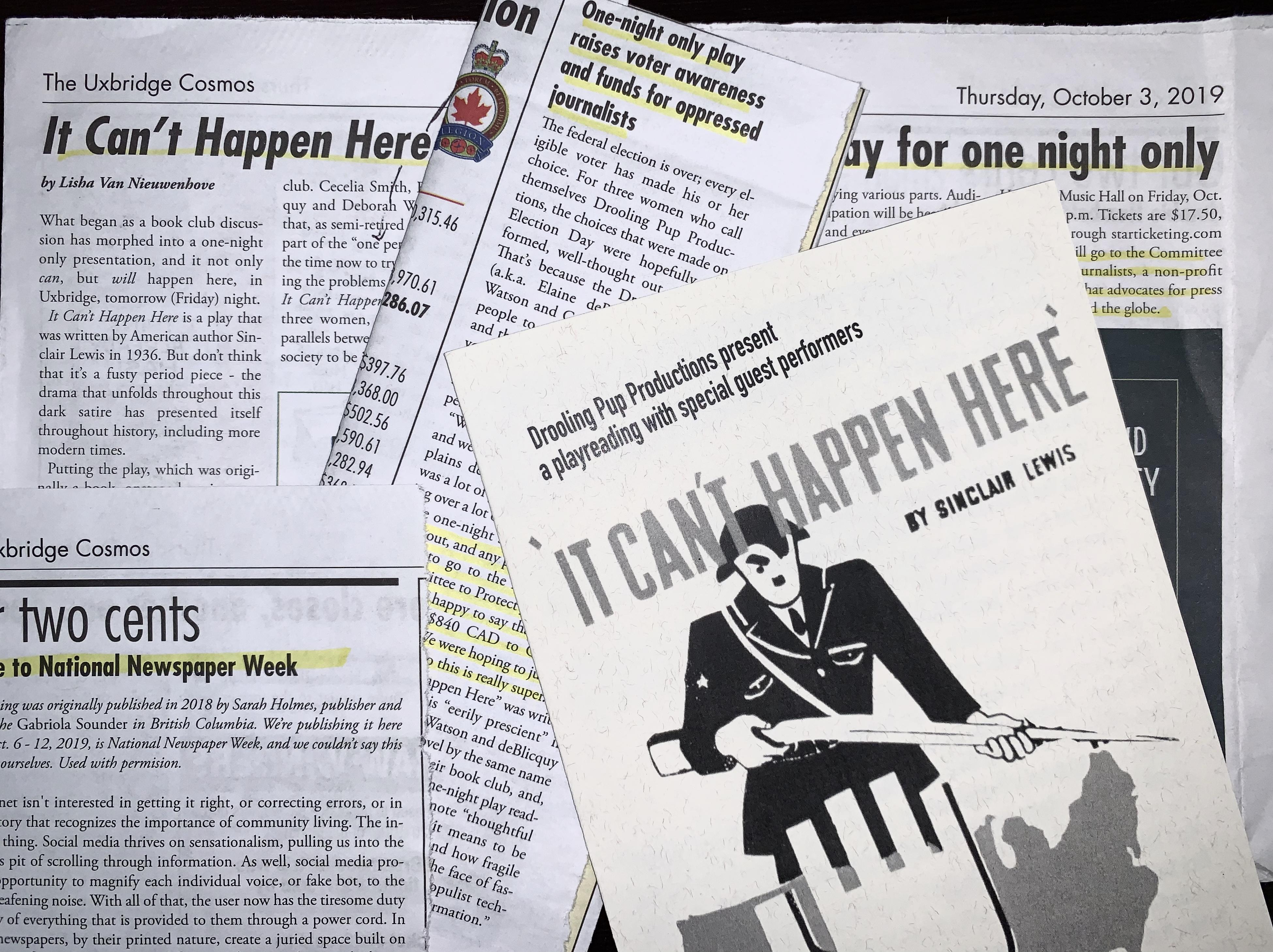 Newspaper clippings and a program for Drooling Pup Productions’ October staging of Sinclair Lewis’ “It Can’t Happen Here,” which raised funds for CPJ. (CPJ)