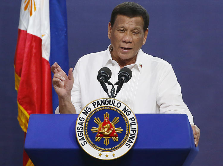 Philippine President Rodrigo Duterte is seen in Quezon City on August 27, 2019. Duterte recently threatened to block the franchise renewal of Philippine broadcaster ABS-CBN. (AP/Bullit Marquez)