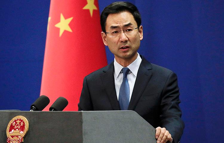 Chinese Foreign Ministry spokesperson Geng Shuang speaks in Beijing on January 29, 2019. Geng announced today that three Wall Street Journal journalists will be expelled from the country. (AP/Andy Wong)