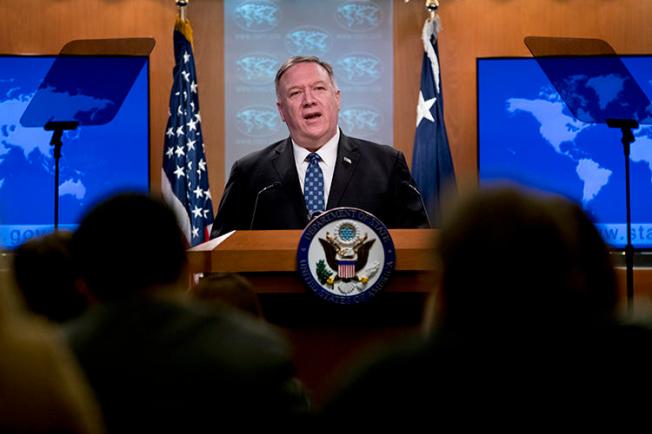 Secretary of State Mike Pompeo speaks at the State Department on February 25, 2020, in Washington, D.C. The department recently labeled five Chinese state media outlets as "foreign missions." (AP/Andrew Harnik)