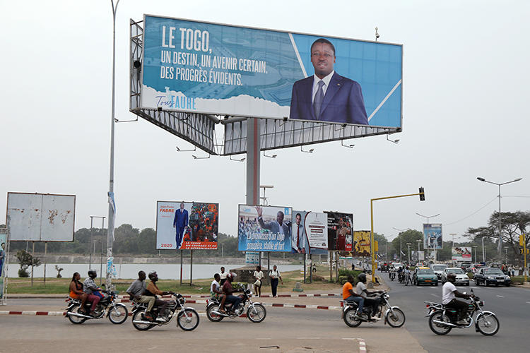 A billboard of President Faure Gnassingbe is seen in Lome, Togo, on February 19, 2020. CPJ recently joined a letter calling for the Togolese government to maintain internet access throughout the upcoming election. (Reuters/Luc Gnago)