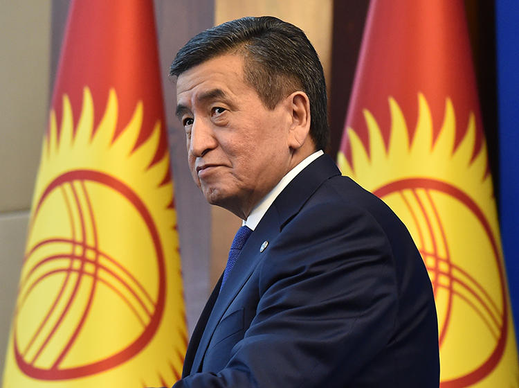 Kyrgyz President Sooronbay Jeenbekov is seen in Bishkek on December 25, 2019. Khadicha Askarova, the wife of imprisoned journalist Azimjon Askarov, recently wrote a letter to Jeenbekov pleading for the journalist’s release. (AFP/Vyacheslav Oseledko)