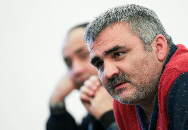 Independent Azerbaijani journalist Afgan Mukhtarli speaks in Baku, Azerbaijan ,,on Sunday, March 2, 2014. Mukhtarli spoke to CPJ after his release from prison in Azerbaijan on March 17, 2020. (AP Photo/Aziz Karimov)