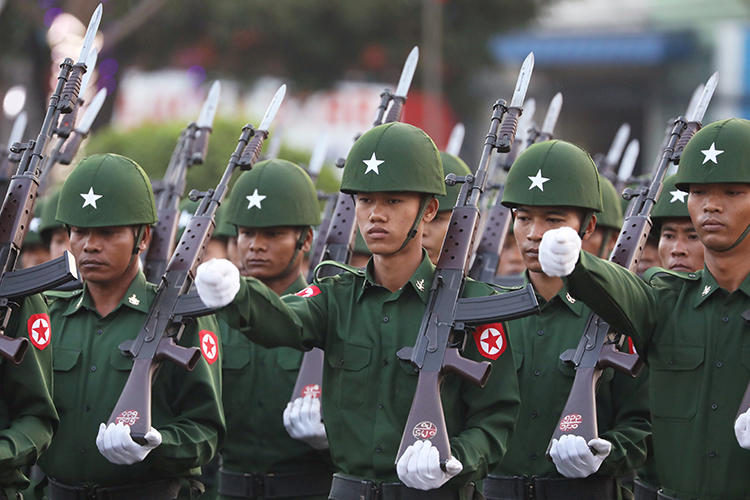 Soldiers are seen in Yangon, Myanmar, on February 12, 2020. The country's army recently filed a criminal defamation complaint against the Reuters news agency and a local lawmaker. (Reuters/Ann Wang)