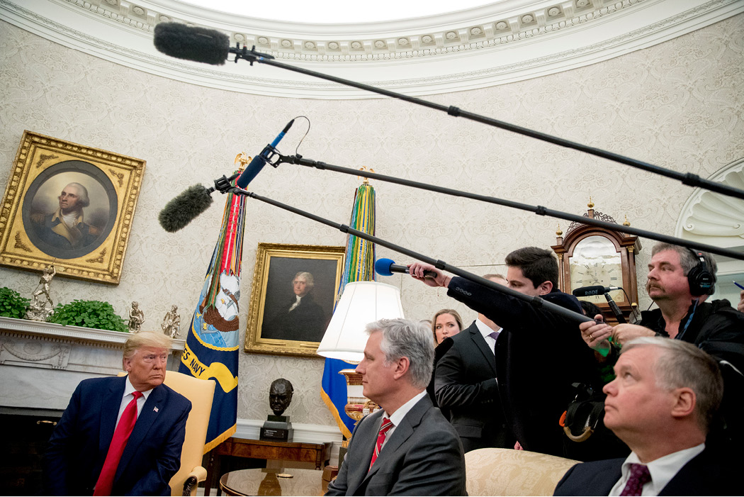Trump takes a question from a member of the media in the Oval Office of the White House on March 2, 2020. A limited number of reporters and photographers are invited to meetings between Trump and foreign leaders. (AP/Andrew Harnik)
