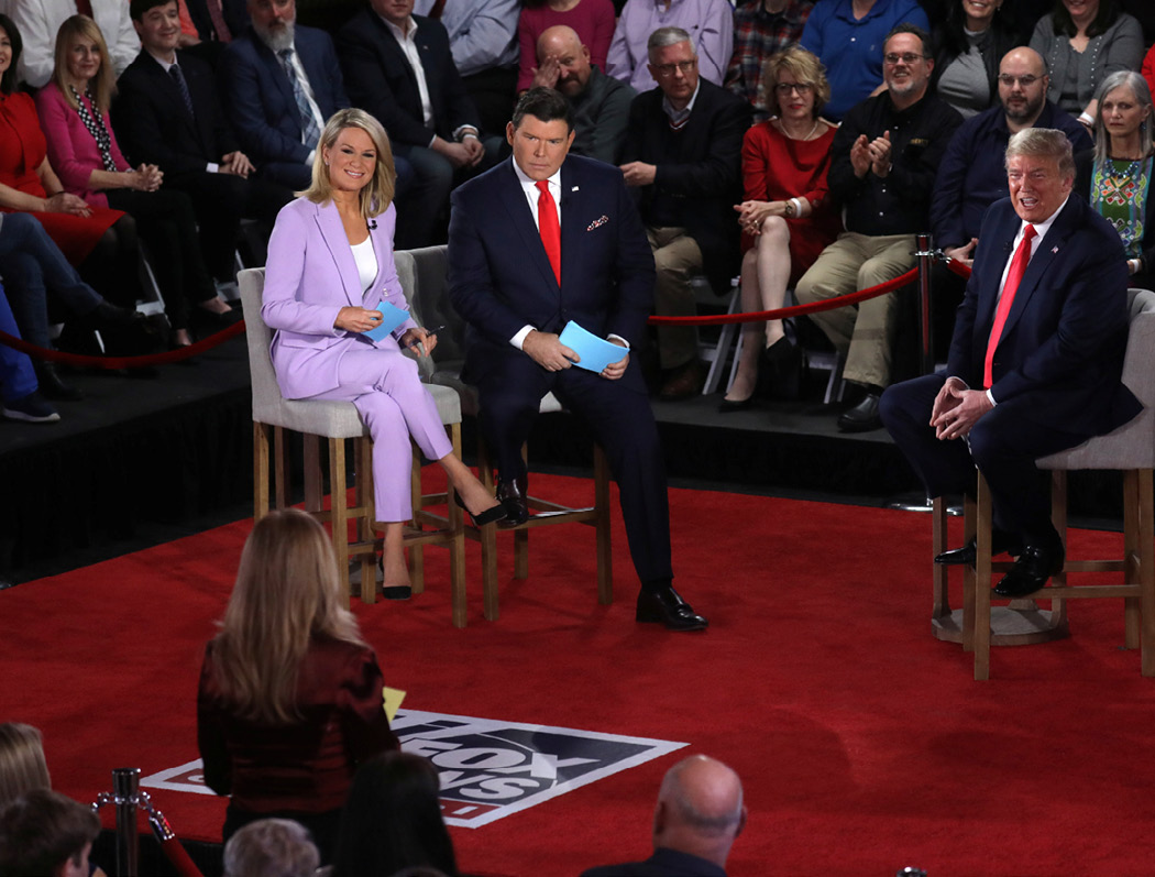 Trump takes questions during a Fox News town hall with moderators Bret Baier and Martha MacCallum in Scranton, Pennsylvania, on March 5, 2020. Nearly half of the 70 interviews that Trump gave in 2019 were with friendly, right-leaning outlets, according to a count kept by CBS. (Reuters/Leah Millis)