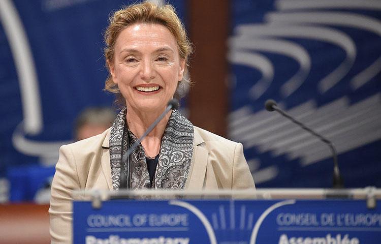 Crotia's minister of foreign affairs, Marija Pejcinovic Buric, reacts after being elected Secretary General of the Council of Europe in Strasbourg, France, on June 26, 2019. On March 31, 2020, CPJ and partner organizations called on the Council of Europe to protect press freedom amid the COVID-19 pandemic. (AFP/Patrick Hertzog)