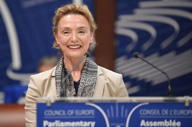 Crotia's minister of foreign affairs, Marija Pejcinovic Buric, reacts after being elected Secretary General of the Council of Europe in Strasbourg, France, on June 26, 2019. On March 31, 2020, CPJ and partner organizations called on the Council of Europe to protect press freedom amid the COVID-19 pandemic. (AFP/Patrick Hertzog)