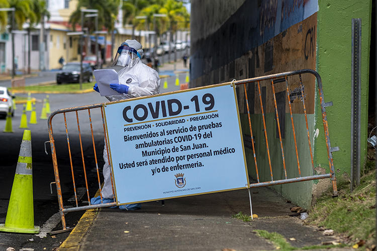 A COVID-19 testing site is seen in San Juan, Puerto Rico, on March 25, 2020. Puerto Rican authorities recently passed a law threatening jail time for spreading 'false information' about the pandemic. (AFP/Ricardo Arduengo)